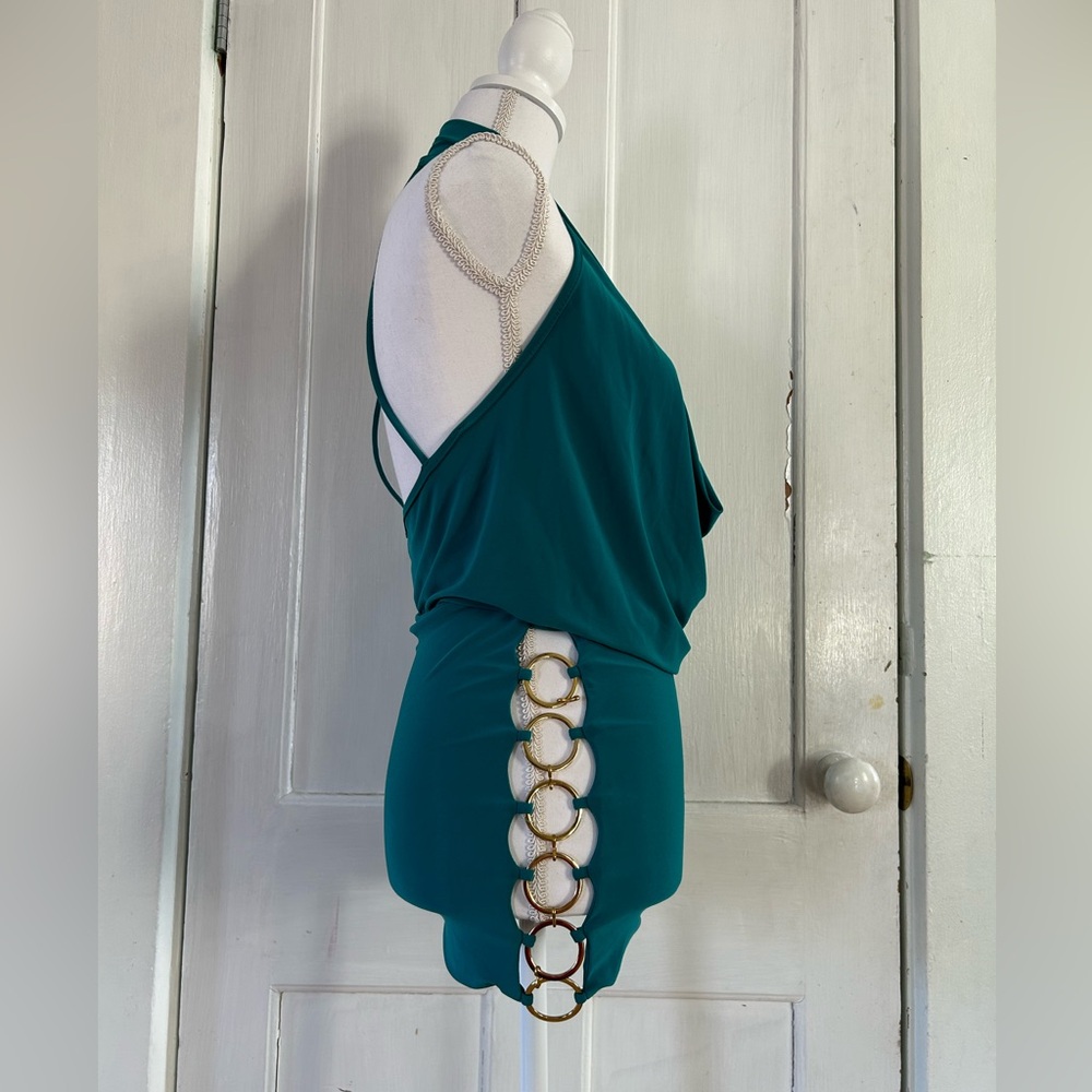 Symphony Turquoise Drape Front Dress with Gold Chain Sides NWOT size Small - Picture 4 of 8